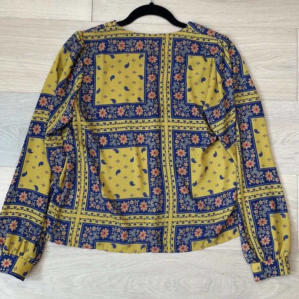 Blouse Yellow & Blue Floral & Paisley+Sz S - Picture 3 of 8